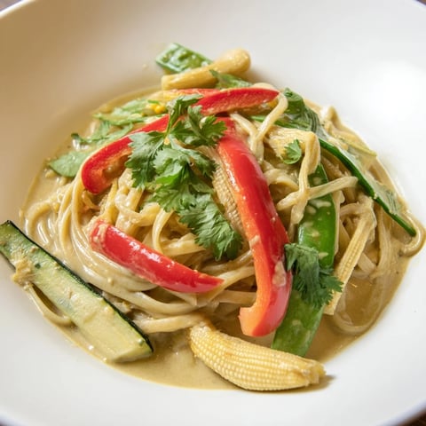 Cremige Thai-Curry-Pasta, ein aromatisches Gericht mit Gemüse und exotischen Gewürzen, fertig zum Genießen.