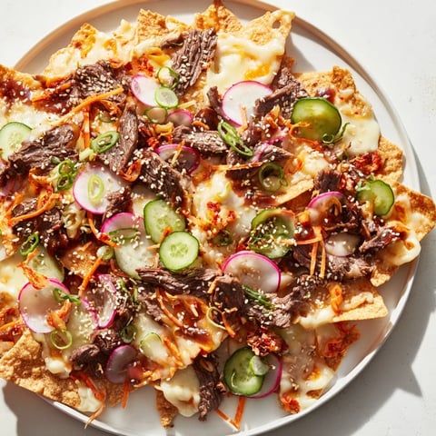 Korean BBQ Nachos piled high with savory gochujang beef and melted Korean cheeses, ready to eat.