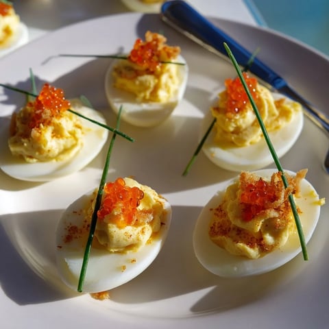 Elegant platter features creamy, golden deviled eggs with caviar and crispy shallots, ready to enjoy.