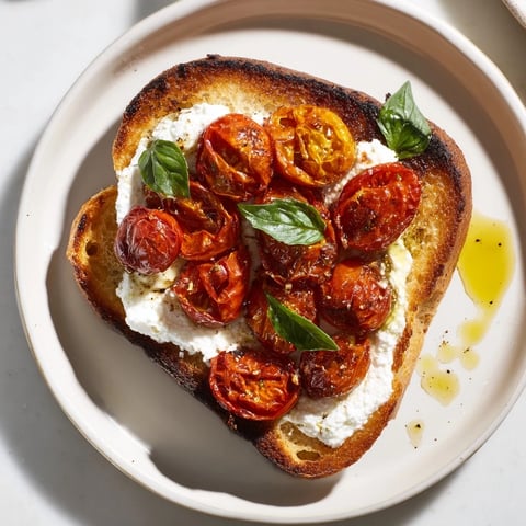 Golden roasted cherry tomatoes on creamy whipped ricotta, spread thickly on toasted sourdough for a Mediterranean breakfast.