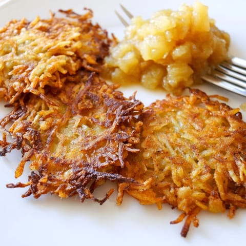 Warm golden potato pancakes served with sweet applesauce, perfect for brunch.  