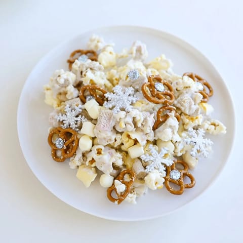 This Ski Season Snowflake Snack Mix, featuring pretzels and popcorn, is coated and sprinkled on a baking sheet.