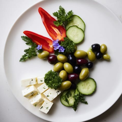 This Colombe de la Paix appetizer features olives, feta, and Manchego cheeses, displayed for a visually appealing presentation.