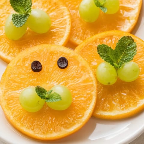 Brightly colored Pumpkin Patch Orange Slices decorated with green grapes and mint are a fun snack.