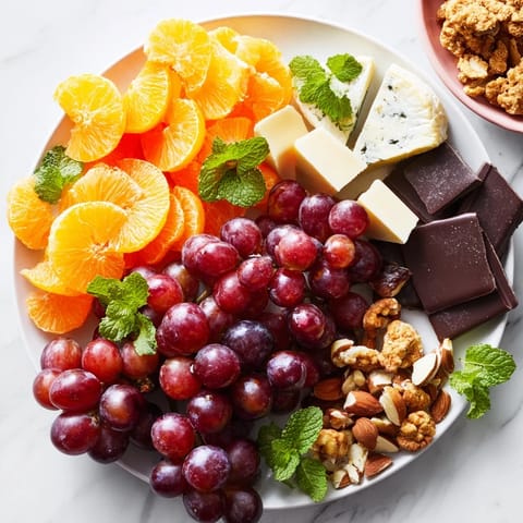 Vibrant arrangement of fresh grapes and snacks on a celebratory Grapes of Fortune platter.