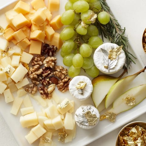 This visually appealing Gold and Silver Cheese Cube Board presents a delicious array of cheeses and fruits.