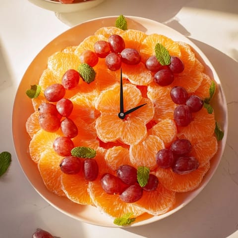 This delightful Grape and Orange Slice Clock Face recipe offers a refreshing, eye-catching brunch idea; perfect presentation.