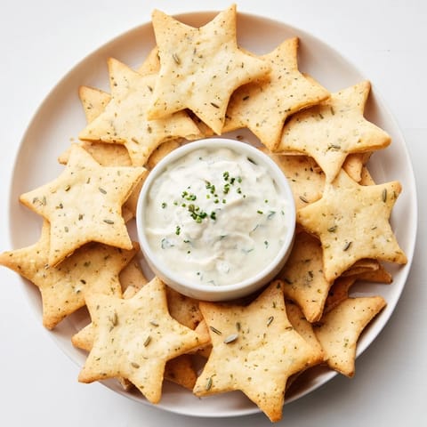 Festive Holiday Crackers in a star shape with a creamy dip, ready to be enjoyed with friends.