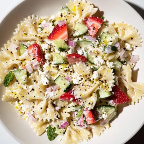 Close-up of Strawberry Feta Pasta with creamy dressing, perfect for a summer lunch.