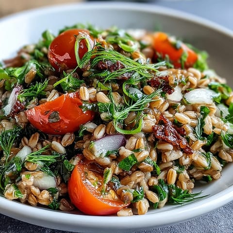 Vibrant Barley and Herb Salad with red onions and halved cherry tomatoes, garnished with parsley and mint on a rustic table.