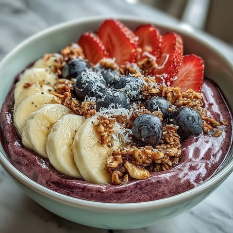 Nahaufnahme der Acai Berry Smoothie Bowl mit frischen Erdbeeren, Blaubeeren und Chiasamen für ein farbenfrohes Frühstück.