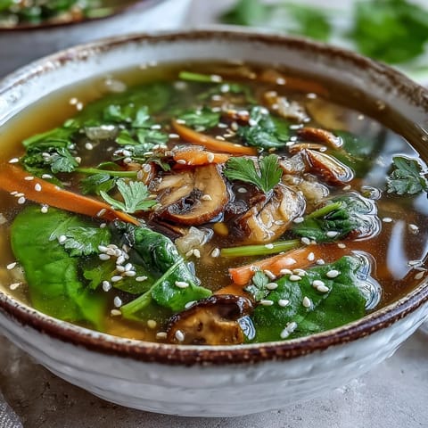 Gedünstete Miso Ginger Winter Soup mit shiitake Pilzen und Spinat, serviert warm mit Chiliöl und frischen Kräutern. 