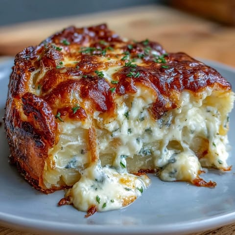 Eine cremige, dampfende Käse und Kartoffelpie mit gewürzten Zwiebellagen und frischen Schnittlauchranken.