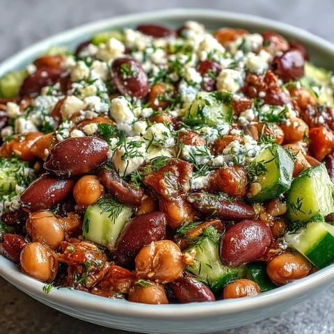 Eine farbenfrohe Schüssel Greek Bean Salad with Lemon Marinated Beans mit cremigem Feta und spritzigem Zitronendressing