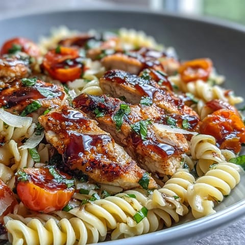 Bruschetta Chicken Pasta mit saftigen Kirschtomaten und weichem Mozzarella auf einer weisszeugen Platte für Abendessen