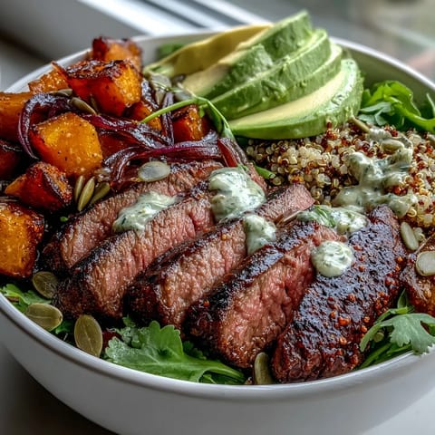 Butternut Squash Steak Bowls mit Koriander-Lime-Dressing, cremiger Avocado und gerösteten Kürbiskernen.
