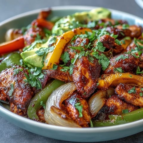Roasted chicken strips and colorful fajita vegetables in a one-pan sheet pan fajita bowl served over rice.