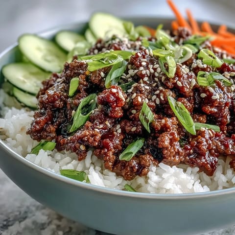 Hearty bowl of Easy Korean Beef Bowl with spicy gochujang sauce, sliced green onions, and kimchi for a bold flavor.