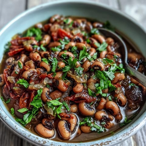 Hearty Southern-style Frozen Black-Eyed Peas Quick Version garnished with fresh parsley and paprika, ready to accompany cornbread on a cozy dinner table.