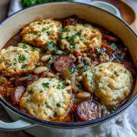 Gedünstete Black-Eyed Peas and Sausage Dumplings mit goldbraunen Teigklößen und frischem Petersilienkranz zum Abendessen.