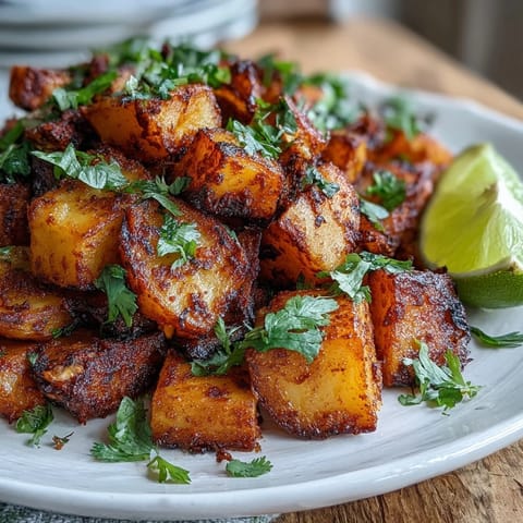 Goldene, scharfe Mexican-Style Street Potatoes mit Koriander garniert auf einem Teller.