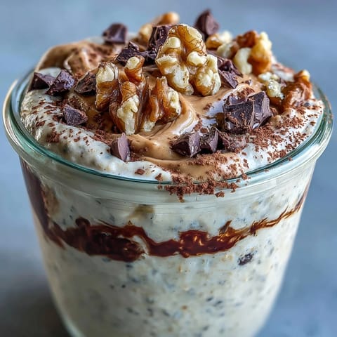 Chunky Monkey Protein Overnight Oats im Glas mit Scheiben frischer Banane, Walnüssen und Schokostücken auf einem holzerner Frühstückstisch.