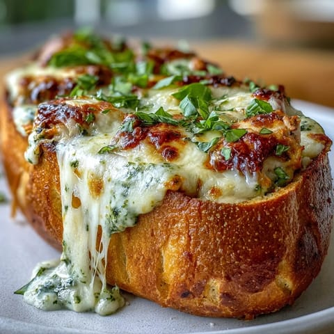 Goldbraune Knoblauchbrot-Boote gefüllt mit saftigem Pesto-Hähnchen und cremigem Käse, gerade aus dem Ofen serviert.