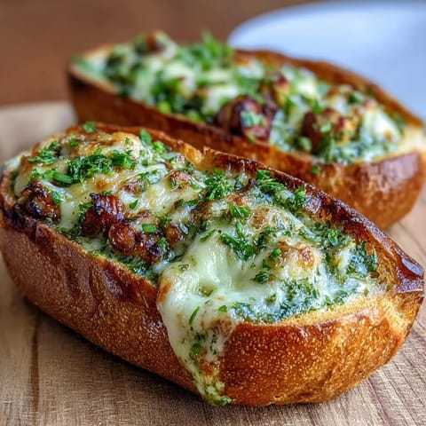 Goldene Pesto-Hähnchen-Knoblauchbrote mit geschmolzenem Mozzarella auf einer Ofenplatte.