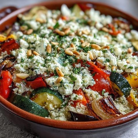Freshly baked Roasted Veggie & Feta Couscous Bake with zucchini and bell peppers, perfect alongside a crisp green salad.