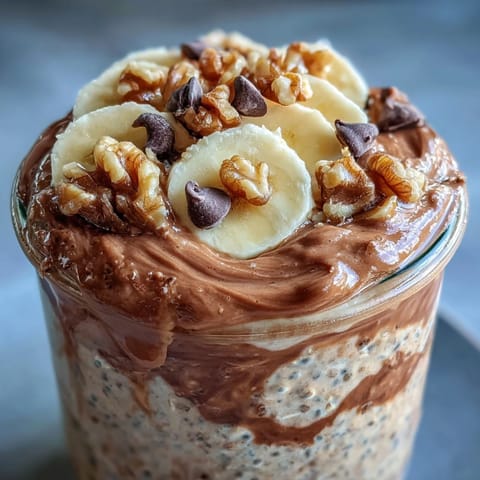 Geschichtete Chunky Monkey Protein Overnight Oats im Glas mit Bananenscheiben und Walnüssen.