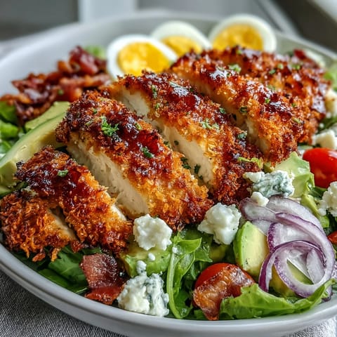 Cobb Salad mit würziger Parmesan Crusted Chicken, blauem Käse, Tomaten und roten Zwiebeln, belegt auf großer Platte.