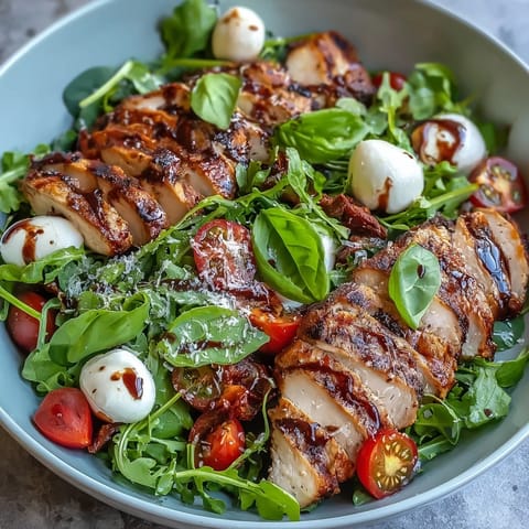 A close-up of Grilled Chicken Caprese Bowls with Balsamic Reduction, showcasing sliced chicken, creamy mozzarella, and a glossy dark balsamic glaze.