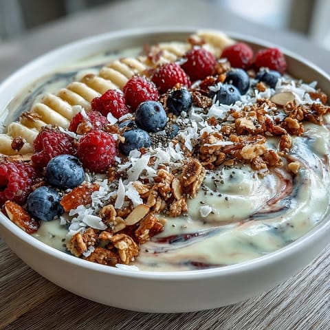 Dieses Berry Greek Yogurt Smoothie Bowl zeigt cremigen Joghurt und frische Beeren üppig getoppt.