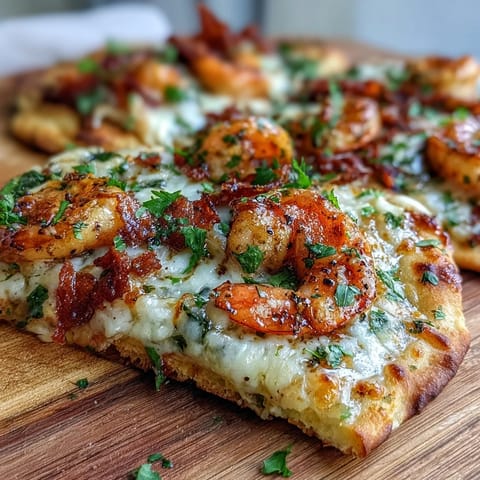 Frisch aus dem Ofen: Saftige Knoblauchgarnelen auf weichem Naan mit geschmolzenem Mozzarella.