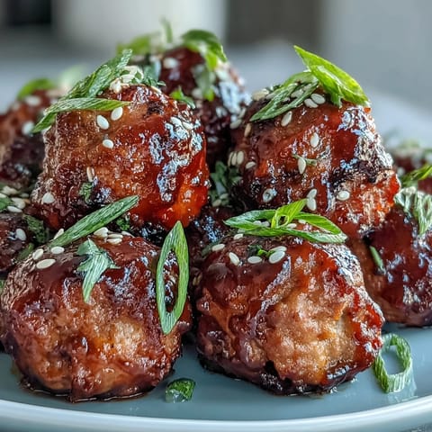 Scharfe Chili-Honig-Entenbällchen mit frischem Koriander und Sesam bestreut, serviert auf braunem Reis.