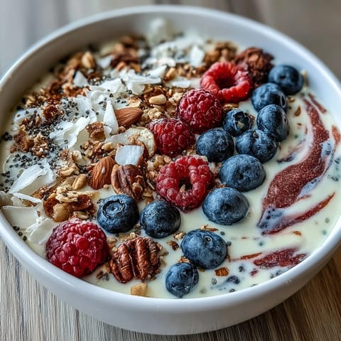 Frühstücks-Schüssel mit griechischem Joghurt, Beeren, Chiasamen und knackigem Granola.