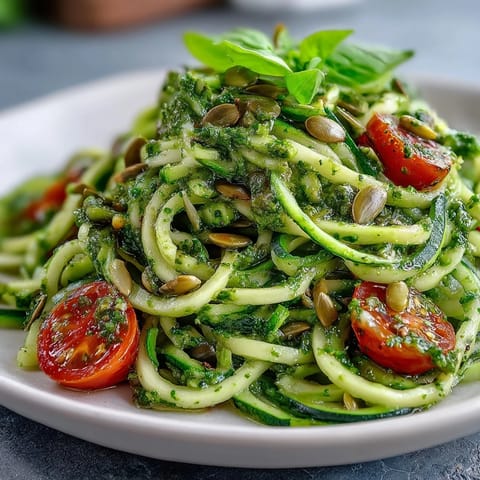 Helle Zucchini-Nudeln mit cremiger veganer Kürbiskern-Pesto, dekoriert mit frischem Basilikum und Kirschtomaten.