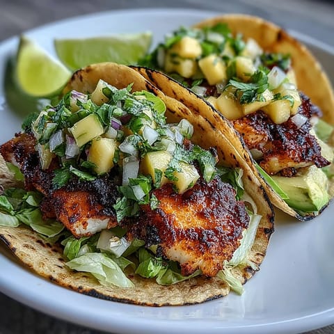 2. Knusprige Salat-Tacos gefüllt mit saftigem, gewürztem Fisch und lebhafter Mango-Salsa – ein erfrischendes Low-Carb-Gericht.  