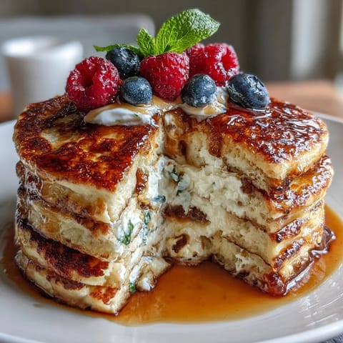 Ein goldener, proteinreicher Pfannkuchen-Bowl aus dem Ofen mit frischen Beeren und Ahornsirup-Topping.