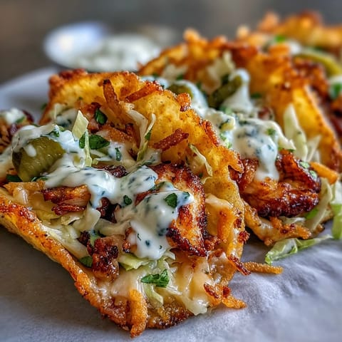 Goldbraune Käsetortillas umhüllen gewürztes Hähnchen, knackigen Krautsalat und frische Dillgurken.  