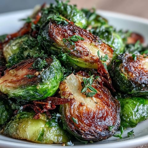 Herb-Zitronen geröstete Rosenkohl mit Mandeln auf einem Servierteller mit Zitronenspalten und frischen Kräutern.  