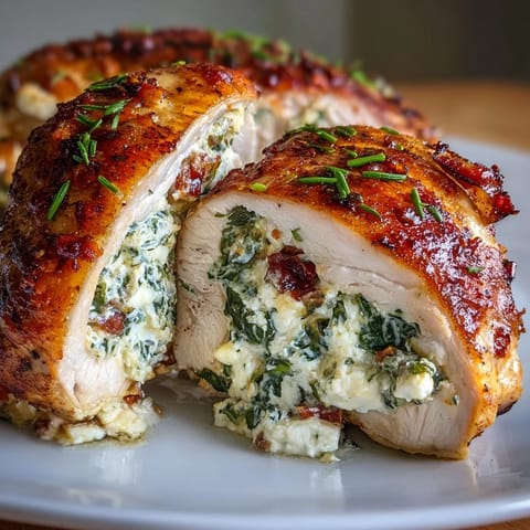 Goldbraune Hühnerbrüste gefüllt mit cremiger Spinat-Feta-Mischung und frischen Kräutern, perfekt für ein elegantes Abendessen.  