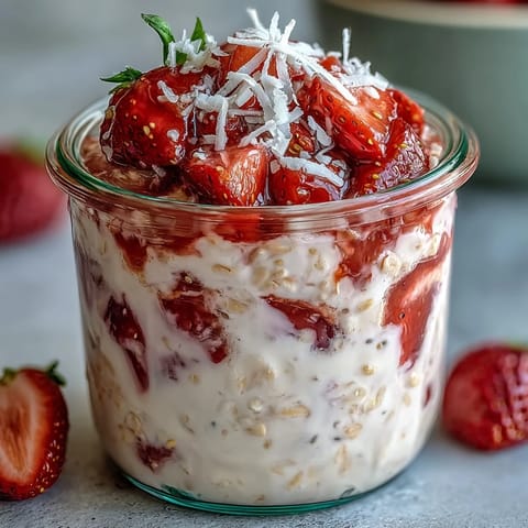 1. Cremige Erdbeer-Kokos-Overnight-Oats mit frischen Beeren und gerösteter Kokosnuss
