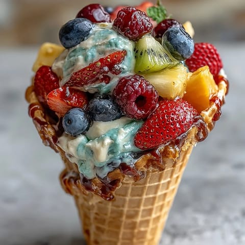 Sommerliche Obst-Kegel mit bunten Beeren, Ananas und Kiwi, serviert mit erfrischendem Joghurt-Dip.  