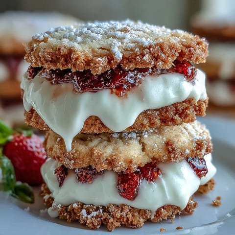 Erdbeerkuchen-Kekse mit cremiger Füllung: Weiche Kekse mit frischen Erdbeeren und einer reichhaltigen Vanillecreme.