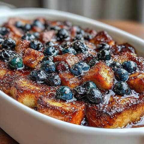 Zitronen-Heidelbeer-Sauerteig-Frühstücksauflauf mit goldener Kruste und frischen Beeren.