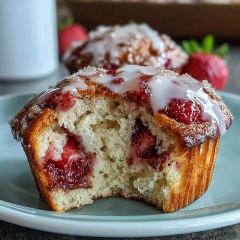 1. Goldene Erdbeer-Joghurt-Muffins mit frischen Beerenstückchen und knusprigem Zuckerstreusel.  