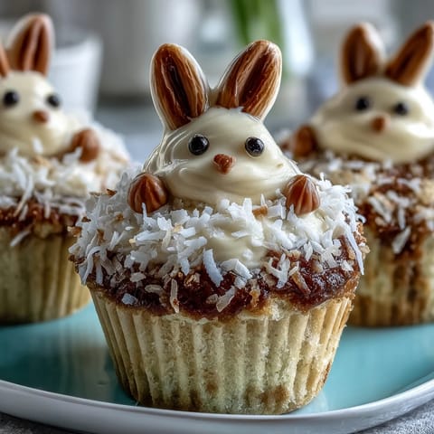Kokos-Bunny-Tail-Ostereier-Cupcakes mit Marshmallows: Fluffige Cupcakes mit Kokos und Marshmallows als niedliche Hasenschwänze für Ostern.