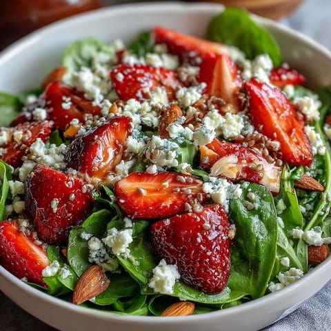 Frische Erdbeeren und Spinat mit Mohn-Dressing in einer bunten Schüssel.