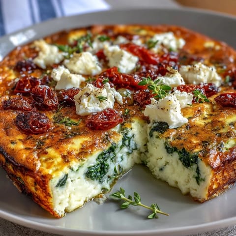 Fluffige Spinat-Feta-Frittata mit sonnengetrockneten Tomaten, goldbraun gebacken und mit würzigem Käse überbacken.